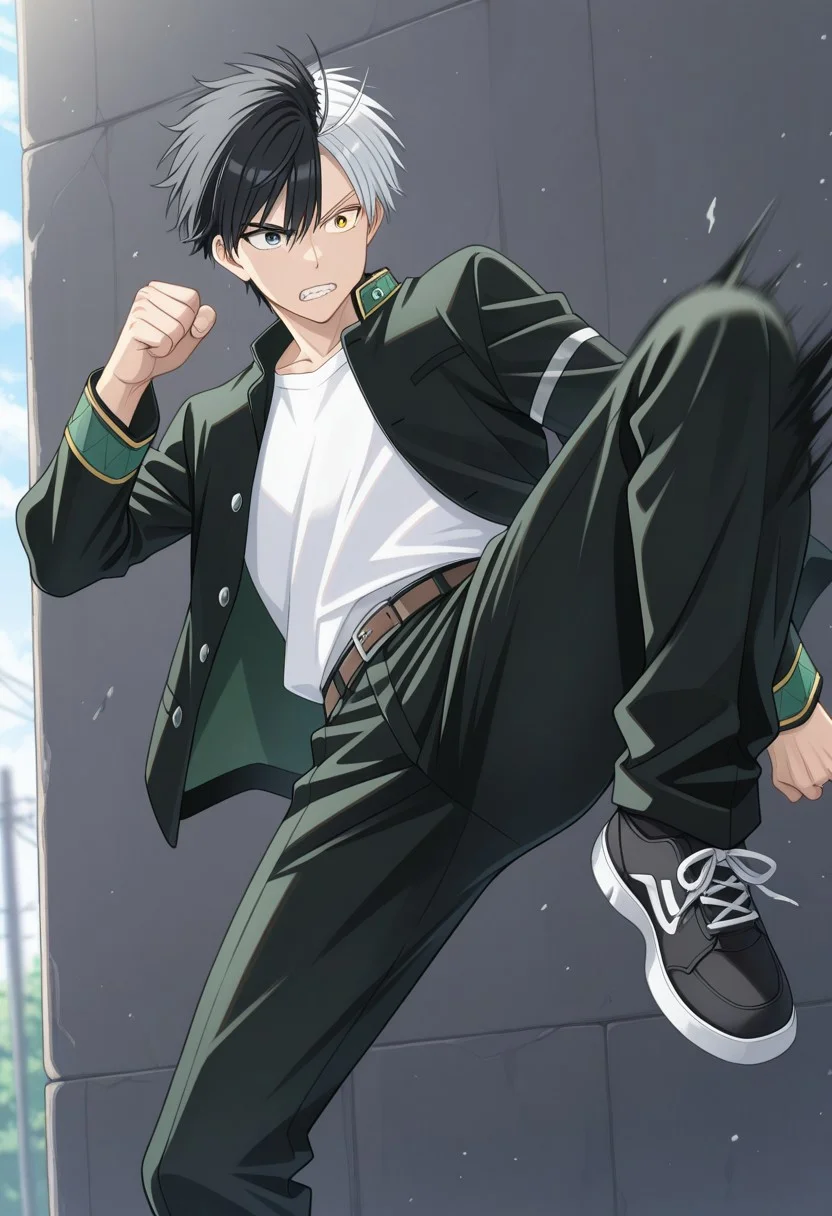 masterpiece,best quality,amazing quality, source_anime, 
sakuharuka, 1boy, male focus, solo, heterocromia, grey eyes, yellow eyes, split-color hair, black hair, white hair, school uniform, jacket, black jacket, open jacket, shirt, white shirt, belt, pants, black pants, shoes, sneakers, black footwear, outdoor, teeth, kicking,