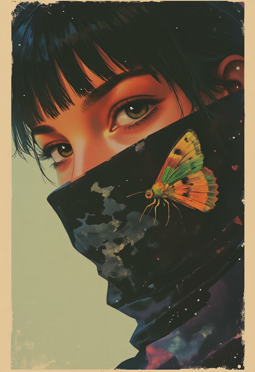 (ArsMJStyle, Colored pencil hyperdetailed realism, By Donna Young) A DSLR photo fashion-stylized dramatic, cinematic image in the aesthetic of vintagegirls, OBxiaoxiang, and Nova-70s. A close-up of a person's eye and part of their face, with fair skin and short, dark brown hair with bangs covering their forehead. Their eye is a striking green color, with a sharp, intense gaze. They are partially obscured by a dark, patterned scarf that has a subtle, abstract design with shades of black, white, and dark blue. The scarf wraps around their face, covering the lower half of their eye and part of their nose, creating a sense of mystery and intrigue. A vibrant moth clings delicately to the scarf, its iridescent wings displaying a mix of deep amber, emerald green, and hints of sapphire blue, contrasting against the muted tones of the fabric. The background is a soft, muted beige, allowing the subject’s features and the moth to stand out prominently. The entire image is framed with a sepia-tinted border, enhancing the vintage cinematic aesthetic. HD, ultra-detailed, 8K quality, masterpiece artwork.