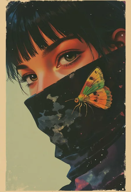(ArsMJStyle, Colored pencil hyperdetailed realism, By Donna Young) A DSLR photo fashion-stylized dramatic, cinematic image in the aesthetic of vintagegirls, OBxiaoxiang, and Nova-70s. A close-up of a person's eye and part of their face, with fair skin and short, dark brown hair with bangs covering their forehead. Their eye is a striking green color, with a sharp, intense gaze. They are partially obscured by a dark, patterned scarf that has a subtle, abstract design with shades of black, white, and dark blue. The scarf wraps around their face, covering the lower half of their eye and part of their nose, creating a sense of mystery and intrigue. A vibrant moth clings delicately to the scarf, its iridescent wings displaying a mix of deep amber, emerald green, and hints of sapphire blue, contrasting against the muted tones of the fabric. The background is a soft, muted beige, allowing the subject’s features and the moth to stand out prominently. The entire image is framed with a sepia-tinted border, enhancing the vintage cinematic aesthetic. HD, ultra-detailed, 8K quality, masterpiece artwork.