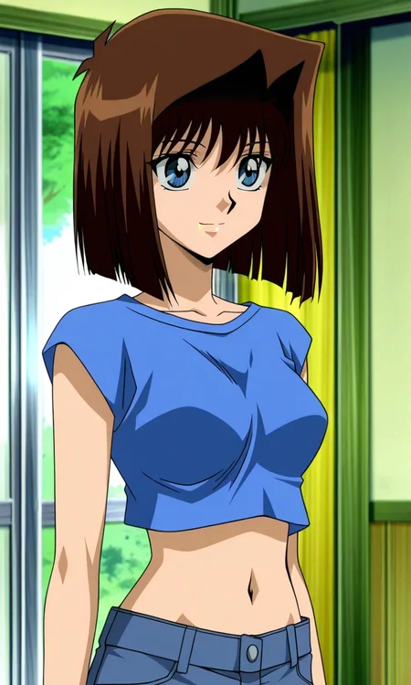 official style, anime screencap, 1girl, solo, mazaki anzu, brown hair, short hair, blue eyes, blue shirt, crop top, midriff, navel, jeans, light smile, closed mouth