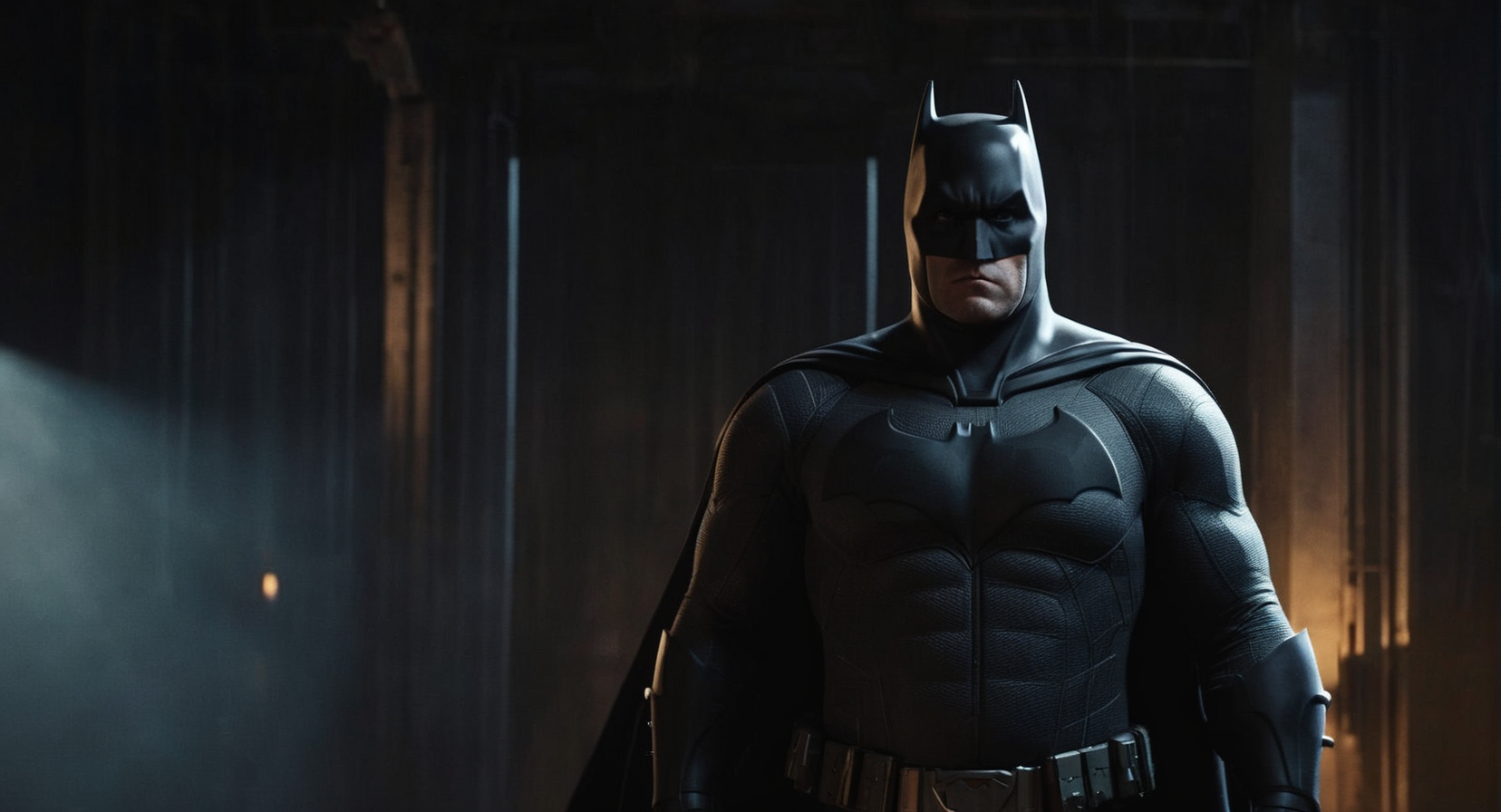 concept art of  Cinematic Film stock footage in (arri alexa style) Kodak film print,   <lora:batman:1> batman a man bruce wayne in a black batman costume standing in a dark room, digital artwork, illustrative, painterly, matte painting, highly detailed