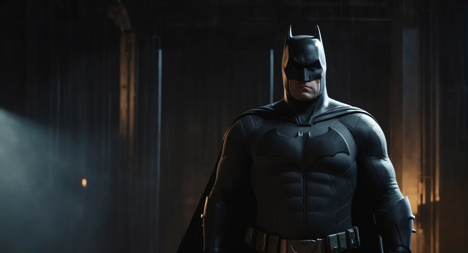 concept art of Cinematic Film stock footage in (arri alexa style) Kodak film print, <lora:batman:1> batman a man bruce wayne in a black batman costume standing in a dark room, digital artwork, illustrative, painterly, matte painting, highly detailed