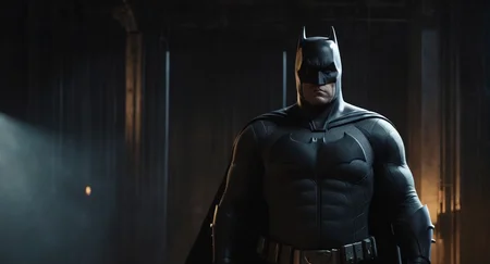 concept art of  Cinematic Film stock footage in (arri alexa style) Kodak film print,   <lora:batman:1> batman a man bruce wayne in a black batman costume standing in a dark room, digital artwork, illustrative, painterly, matte painting, highly detailed