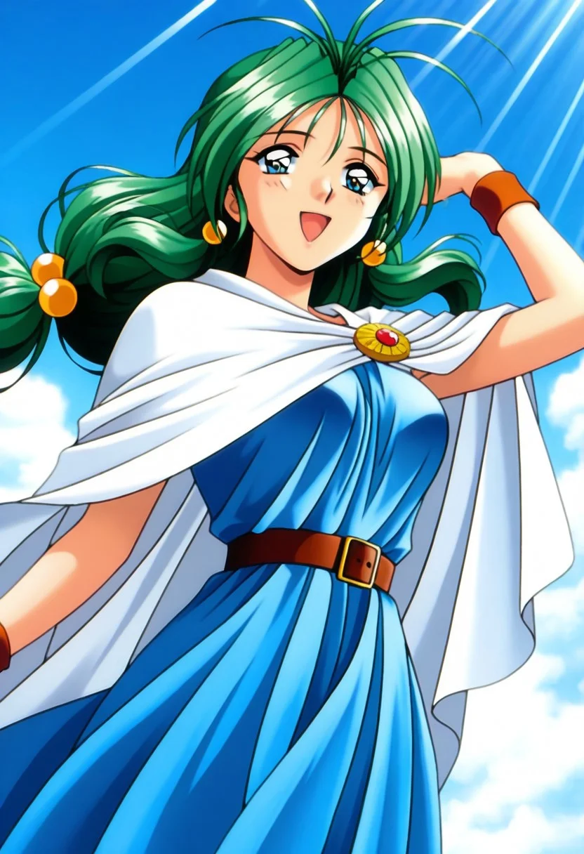 masterpiece, best quality, amazing quality, very aesthetic, high resolution, 1girl, cowboy shot, anime-style, digital art, high resolution, cute girl, smiling, sunlight, bright, clear sky, blue sky, clouds, daytime, outdoor, wind blowing her hair, dynamic pose, cheerful mood, light reflections, detailed background, high quality, beautiful, attractive, light rays, bright lighting, sky, joyful, happy, energetic, bright atmosphere, detailed shading, anime aesthetics, vibrant, lively, braid, jewelry, belt, cape, blue dress, wristband, retro artstyle, 1990s \(style\),
clairemm, blue eyes, green hair, antenna hair, long hair, low-tied long hair, hair bobbles, medium breasts, mature female,
