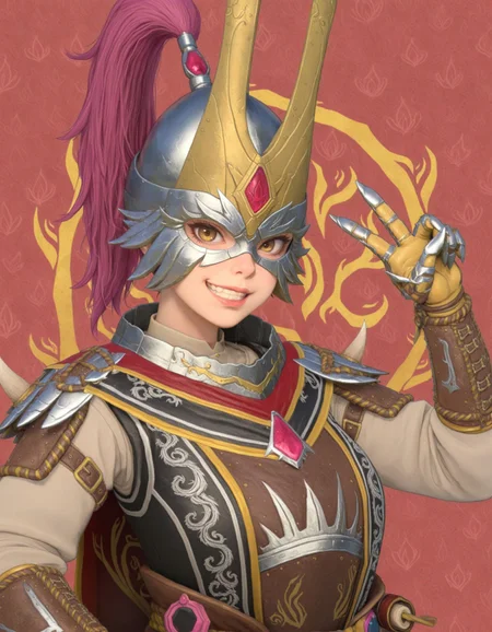 masterpiece, good quality, best quality,  2d, anime, red background, geometric background,
Shugengan, helmet, armor, gauntlets, upper body,
looking at viewer, grin, v, asian female, solo, 
<lora:Shugengan_Vpred:1>