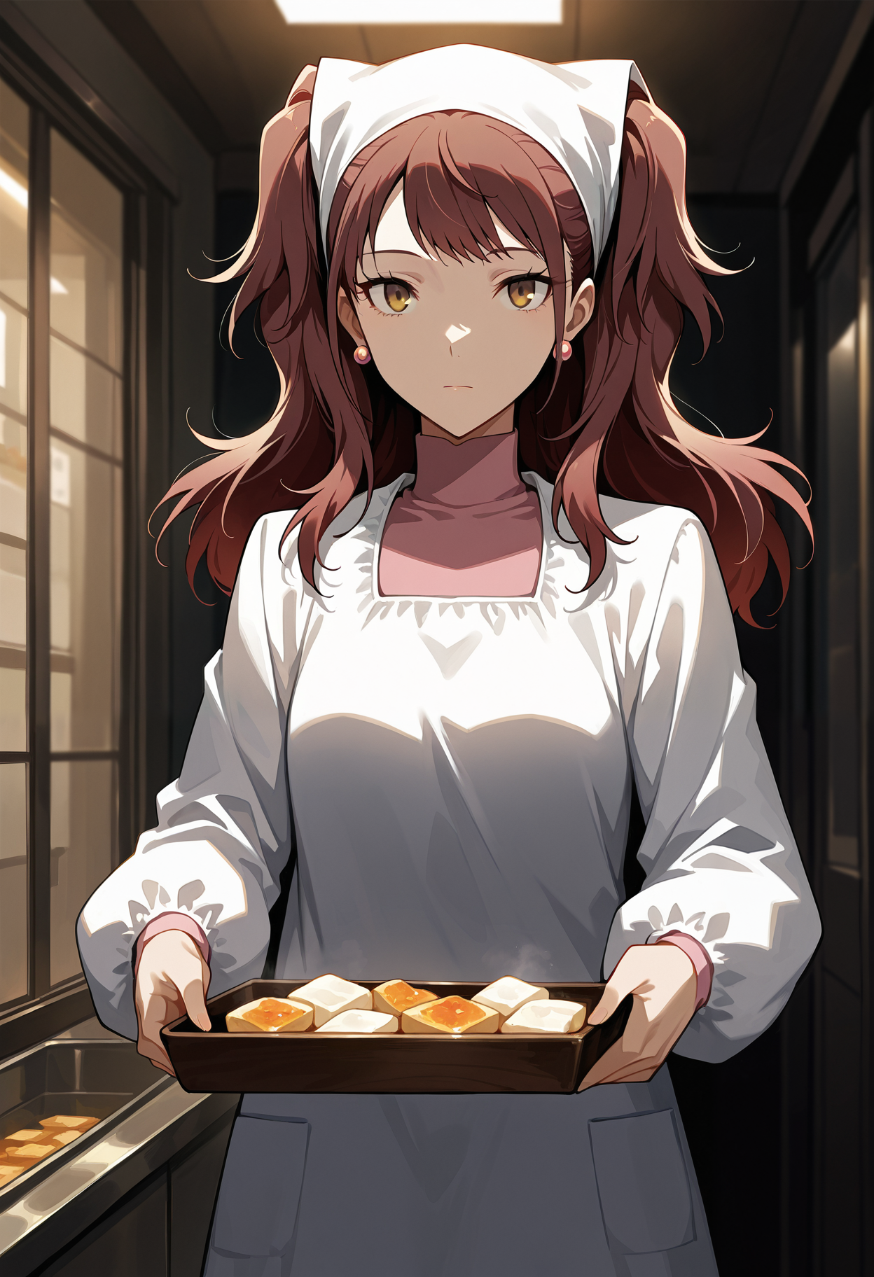 (masterwork, masterpiece, best quality, hyper-detailed),
1 girl, solo, 
p4rise, kujikawa rise, long hair, brown hair, earrings
p4rise-tofu, head scarf, kappougi, turtleneck, pink turtleneck, skirt, blue skirt
inside, tofu shop, dark, looking at viewer, expressionless, tired, cowboy shot,