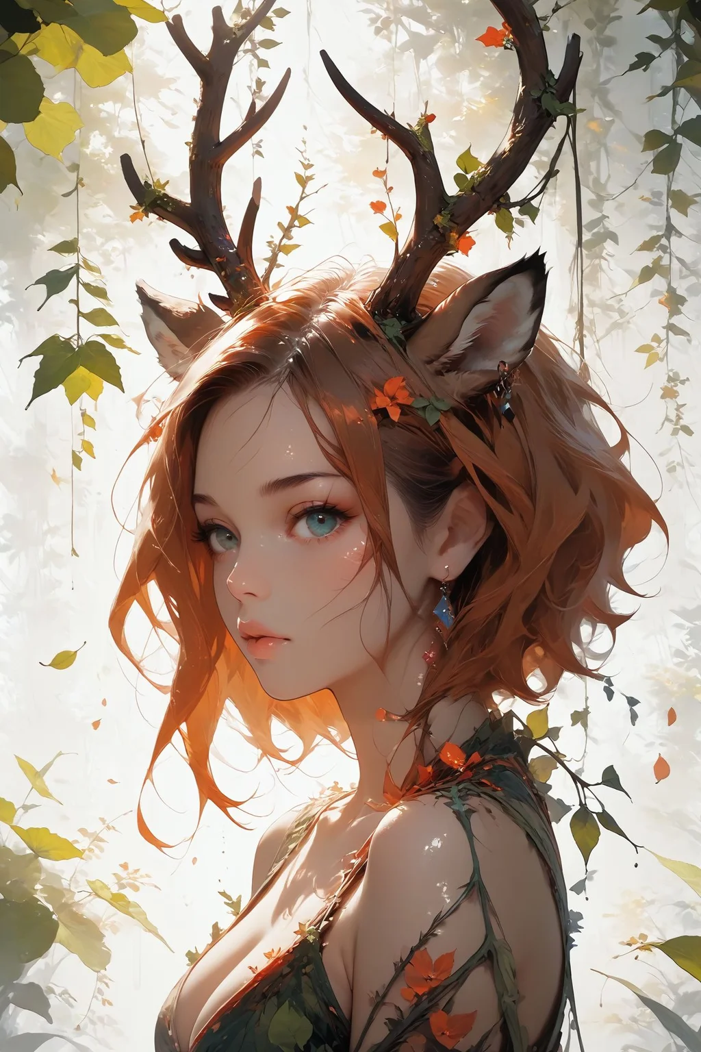 looking at viewer,detailed background,Cinematic Lighting,film grain,score_9,score_8_up,score_7_up,masterpiece,best quality,highly detailed,
<lora:(增强)sdxl_lightning_8step_lora:1>,<lora:glowneon_xl_v1:1>,glowing,<lora:hand 4:1>,hand person,<lora:Expressive_H:0.8>,Expressiveh,<lora:Concept Art Twilight Style SDXL_LoRA_Pony Diffusion V6 XL:0.6>,<lora:th3rm4lXLP:0.4>,th3rm4l,colorful,<lora:4ntl3rsXLP:0.8>,4ntl3rs,antlers,
1girl,animal ears,big breasts,deer ears,earrings,no humans,palmate,solo,upper body,white background,pelt,antlers mix branch,vines,hair vines,leaf,falling leaves,