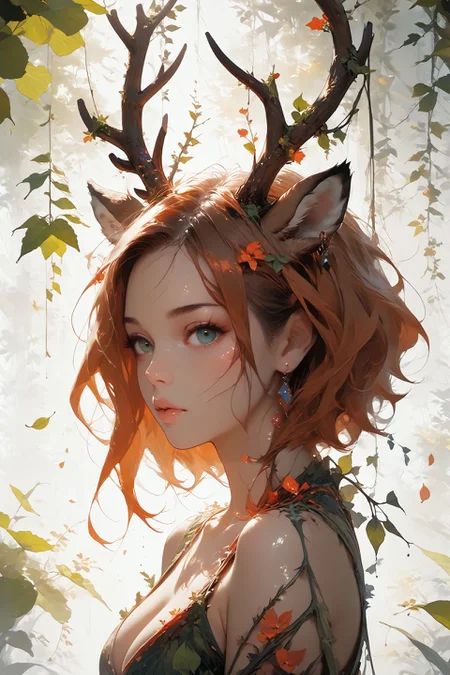 looking at viewer,detailed background,Cinematic Lighting,film grain,score_9,score_8_up,score_7_up,masterpiece,best quality,highly detailed,
<lora:(增强)sdxl_lightning_8step_lora:1>,<lora:glowneon_xl_v1:1>,glowing,<lora:hand 4:1>,hand person,<lora:Expressive_H:0.8>,Expressiveh,<lora:Concept Art Twilight Style SDXL_LoRA_Pony Diffusion V6 XL:0.6>,<lora:th3rm4lXLP:0.4>,th3rm4l,colorful,<lora:4ntl3rsXLP:0.8>,4ntl3rs,antlers,
1girl,animal ears,big breasts,deer ears,earrings,no humans,palmate,solo,upper body,white background,pelt,antlers mix branch,vines,hair vines,leaf,falling leaves,