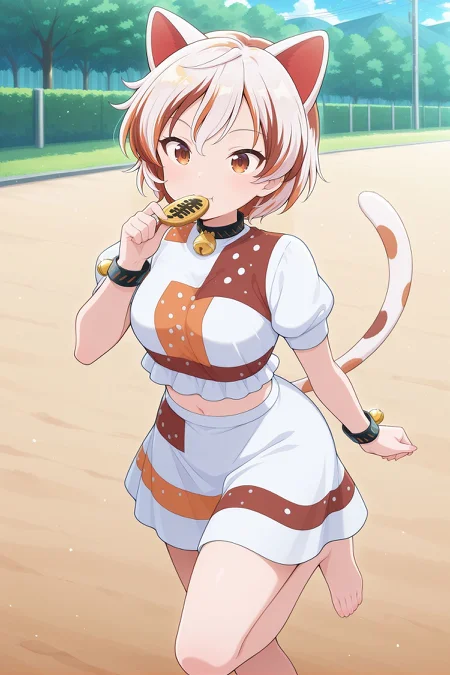 absurdres, highres, masterpiece, best quality, amazing quality, official anime artwork, screencap, anime screencap, outdoors, dynamic pose, 
 <lora:Mike-Goutokuji_Illustrious:1> goutokuji mike, 1girl, solo, brown eyes, white hair, streaked hair, short hair, cat ears, cat tail, medium breasts,, neck bell, bell, bracelet, white shirt, patchwork clothes, puffy short sleeves, navel, white skirt, barefoot, holding coin, eating coin,