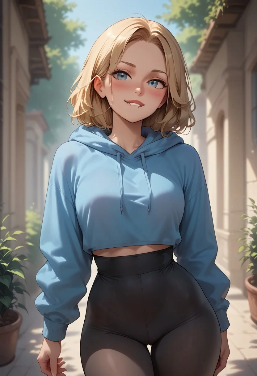 safe_pos, score_9, score_8_up, score_7_up, score_6_up,
very aesthetic, easynegative, cute, sexy, hot, gorgeous, Paliblushed, biting lip, (slim waist, narrow waist, wide hips), (leggings, hoodie, blue hoodie, black leggings, blonde),