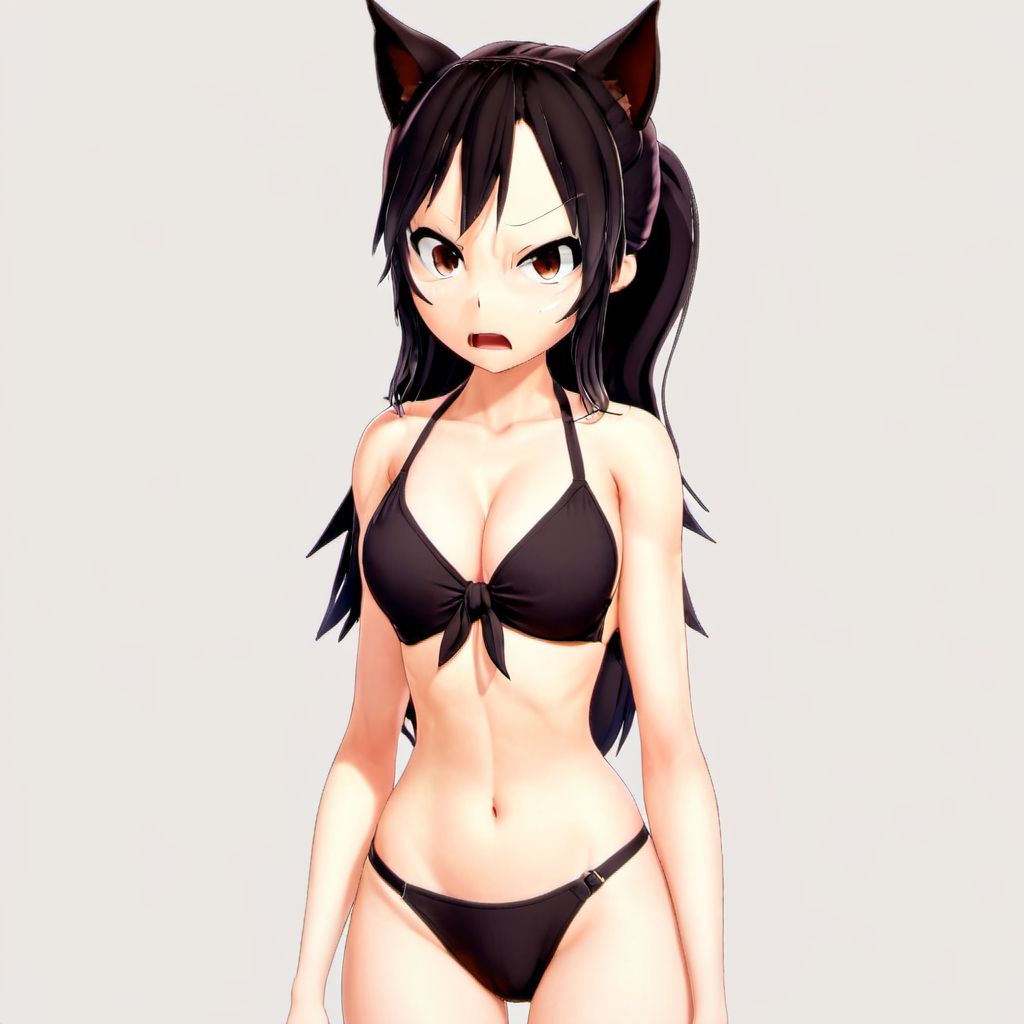 1girl, swimsuit, breasts, solo, full body, cat ears, standing, bikini, black hair, simple background, white background, navel, arms akimbo,  elbows tucked in, cleavage, bangs, looking at viewer, long hair, glare, (scowl:1.5), angry, black bikini, side-tie bikini bottom, brown eyes, front-tie top, ponytail, collarbone, front-tie bikini top, medium breasts, bare shoulders, <lora:Yumi_Yamaguchi:1>