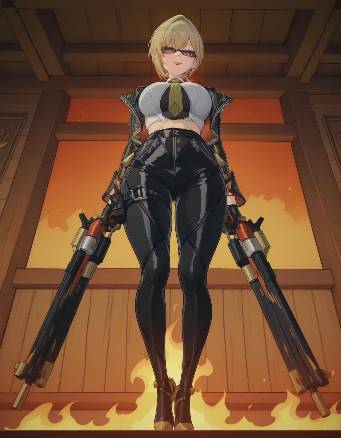 masterpiece,best quality,limited color palette,lineart,vector art,leather jacket,gold tie,black leather pants,white shirt,gold high heels,sunglasses,smiling,<lora:Hoseki_ZenlessZoneZero_BurniceWhite_IllustriousXL_v1:1>,(brncwht:0.5),Evelyn,solo,blond hair,hair ornaments,earrings,purple eyes,hair bun,beautiful frame,<lora:Evelyn_-_Zenless_Zone_Zero_ZZZ_-_Illustrious:1>,large breasts,double firethrower,(full body:0.5),((gunfire)),thighhighs,midriff,(abs:0.7),on the background of wooden houses on fire,fire background,licking hand,skirt,<lora:Pulchra:1>,(fire edgMM:1.3),flames around,face_focus,portrait,(from_below:1.2),