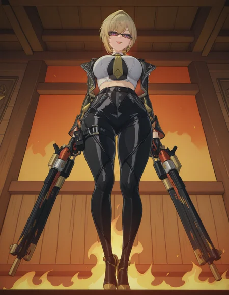 masterpiece,best quality,limited color palette,lineart,vector art,leather jacket,gold tie,black leather pants,white shirt,gold high heels,sunglasses,smiling,<lora:Hoseki_ZenlessZoneZero_BurniceWhite_IllustriousXL_v1:1>,(brncwht:0.5),Evelyn,solo,blond hair,hair ornaments,earrings,purple eyes,hair bun,beautiful frame,<lora:Evelyn_-_Zenless_Zone_Zero_ZZZ_-_Illustrious:1>,large breasts,double firethrower,(full body:0.5),((gunfire)),thighhighs,midriff,(abs:0.7),on the background of wooden houses on fire,fire background,licking hand,skirt,<lora:Pulchra:1>,(fire edgMM:1.3),flames around,face_focus,portrait,(from_below:1.2),