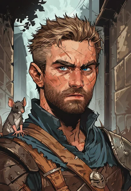 score_9, score_8_up, score_7_up, best quality, sketch, 1man, human, Druid, blue eyes, dark circles around eyes, one ear is scarred, gaunt, very skinny, light brown hair, short messy hair, short facial hair, wearing tattered rags, exhausted, hunched over, weird expression, rope belt, tall, barefoot, ripped shirt, dirty outfit, torn cloth clothes, pale skin, many scars, dark fantasy, night, complex background, cobblestone street, medieval architecture, alley way, torchlight, close up. BREAK. Rats surrounding man, many rats, rats on man