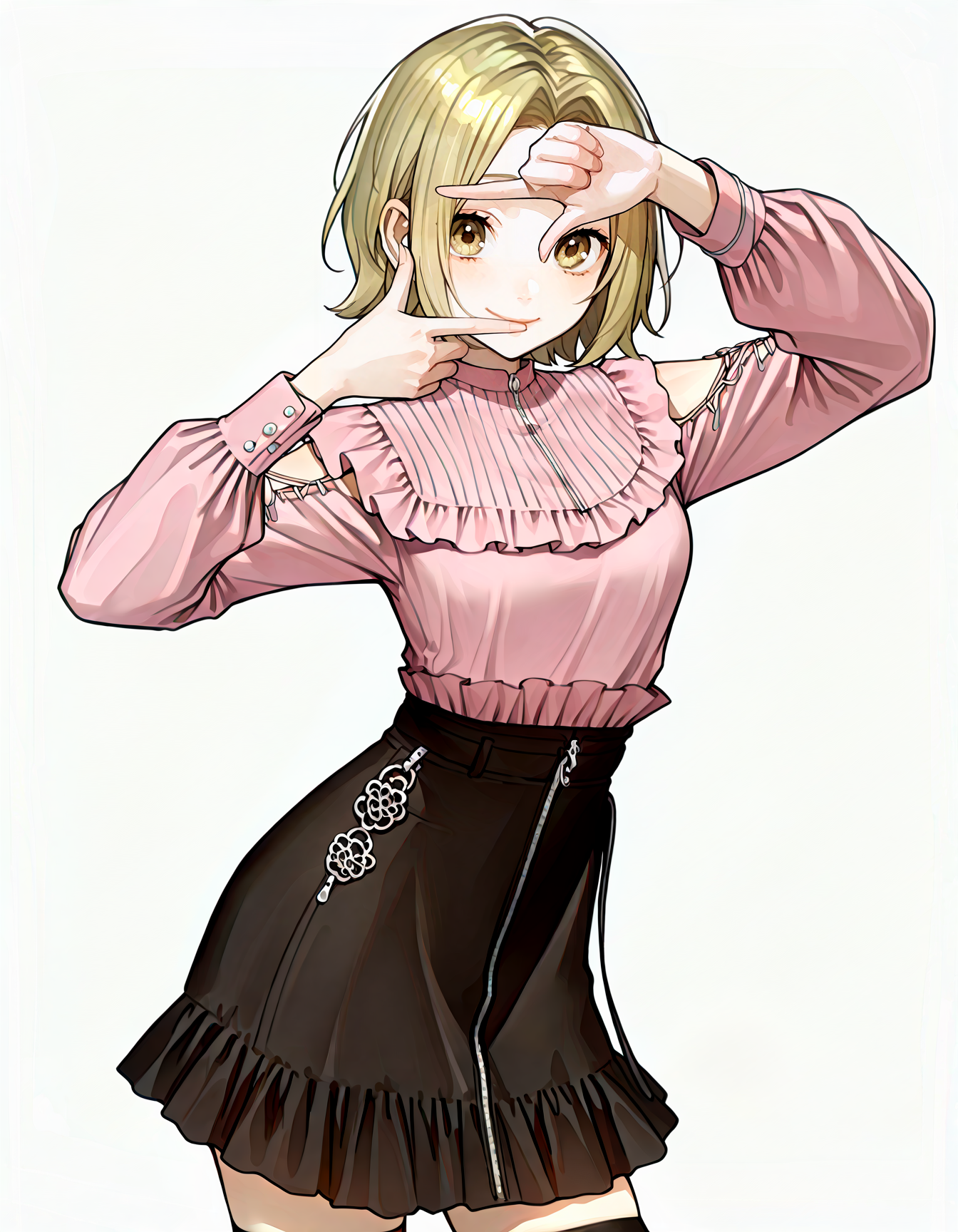 1girl, solo, <lora:yuki_horimiya_IL:0.85> ,yuki_horimiya, forehead, short hair, light brown hair, parted bangs, brown eyes, 
closed mouth, smile, cowboy shot, <lora:jirai kei_illustrious_V1.0:0.85>, jirai kei ,pink shirt,black skirt,thighhighs,  <lora:finger_frame_il_d16:1>, finger frame,
<lora:sakauchi_waka:0.7>, simple background, white background, 
(masterpiece, best quality, very awa, newest, very aesthetic, highres, absurdres:1.2),
<lora:spo_sdxl_10ep_4k-data_lora_webui:0.8>, <lora:illustrious_noobai_epsilon_pred_1_best_quality_v1:0.8> , <lora:add-detail-xl:0.35> ,
<lora:ponyv5_noobE11_1_adamW:0.5>,  handfixer,<lora:HandFixer_pdxl_Incrs_v1:1><lora:HandFixer_pdxl_Incrs_v1:1><lora:HandFixer_pdxl_Incrs_v1:1><lora:HandFixer_pdxl_Incrs_v1:1>