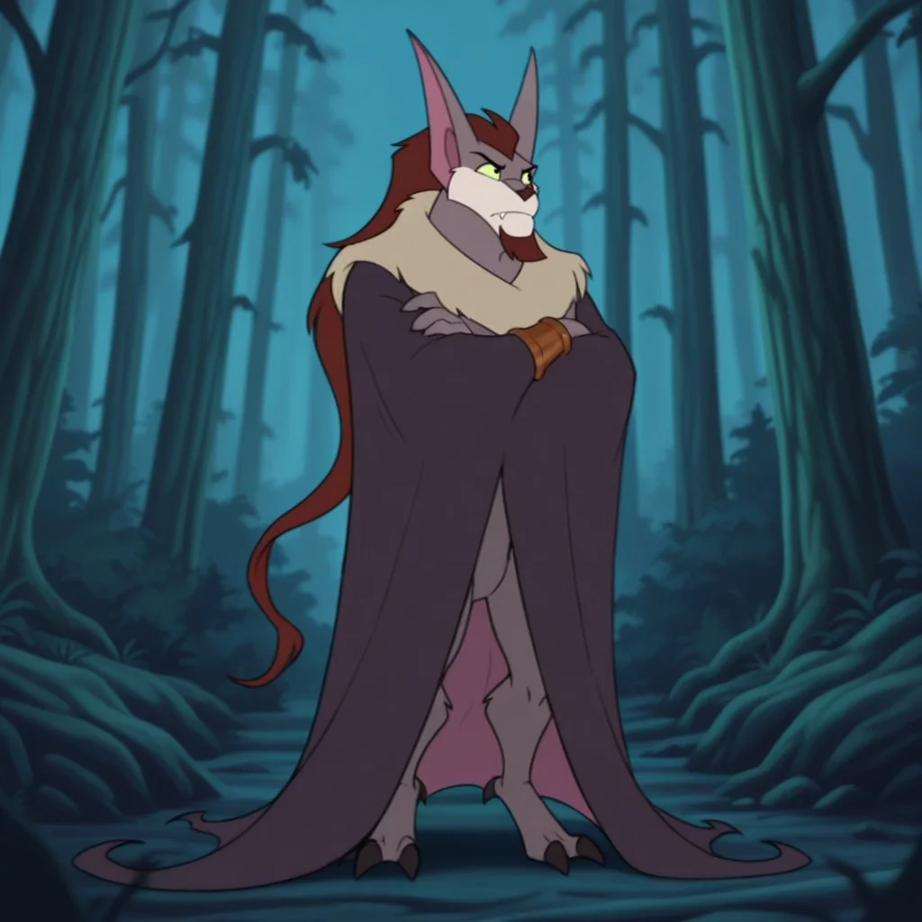 masterpiece, best quality, amazing quality, g0th1, male, furry male, semi-anthro, solo, bat, grey fur, two-tone fur, green sclera, black eyes, brown hair, long hair, beige muzzle, brown nose, brown beard, pointed ears, fangs, 2 toes, talons, wings, bronze armband, standing, crossed arms, serious, looking aside, outdoors, forest, night