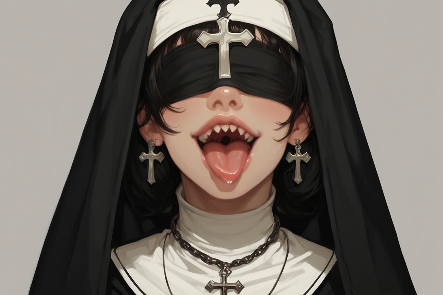tongue, cross, teeth, solo, jewelry, necklace, tongue out, sharp teeth, cross necklace, 1girl, nun, inverted cross, open mouth, habit, simple background, facing viewer, grey background, smile, black hair, upper body, covered eyes, zPDXL3, detailxl,  Score_PnyReal, (lineless:1.5)