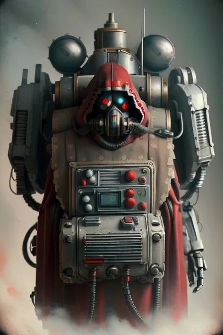 ((masterpiece,best quality)), absurdres, mechanical arms, robes, hood, ((techpriest)), cyborg, mechanical face, (NESStyle) mechanical limbs, gas mask, mechanical tentacles, (mechanical backpack), red cloak, 1other, solo,