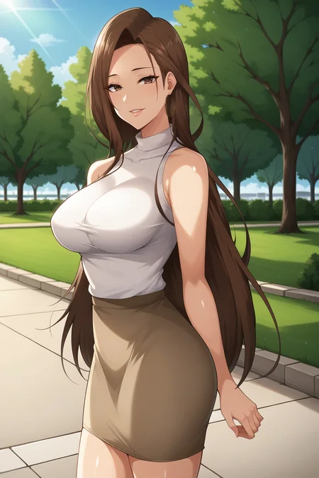 score_9, score_8_up, score_7_up, source_anime, 1girl, prefect lighting, very aesthetic, intricate details, highly detailed background, masterpiece, high quality, prefect hands, solo, best quality,
<lora:Risa_Hamazaki_V1-000006:1>, risa hamazaki, brown hair, shiny hair, very long hair, brown eyes,mature woman, shiny skin,
White turtleneck, bare shoulders, beige mini skirt,
cowboy shot, dutch angle, standing, seductive smile, parted lips, arched back, looking at viewer, arms behind back, from side,
sunny, park, sidewalk, grass, tree, cloudy sky,
(Beautiful, large Breasts:1.2), natural breasts,