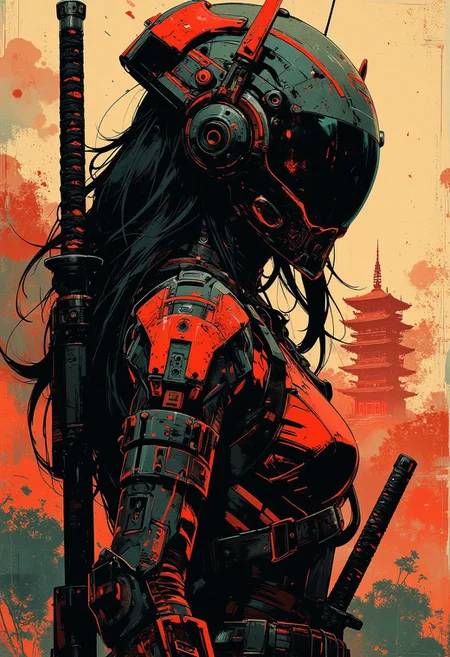 in the style of ck-mgs, nistyle, Inkplash art on rice paper, sepia, henna , Silhouette Art, magnificent, inksplash closeup portrait of asian female cyberpunk samurai, helmet with mirrored visor, hyperdetailed helmet, flowing black hair, reflective black and neon red armor, a katana strapped to her back, abstract background suggesting eastern temple
