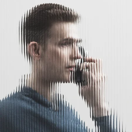 a man with phone, white background, curved glass, textured glass, fluted glass <lora:SDXL_Textured_glass_Test_Sa_May:1>