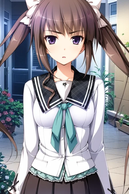 1girl,light brown hair, purple eyes, twintails, asymmetrical hair, asymmetrical bangs, long hair, hair scrunchie, school uniform,