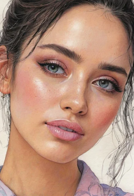 masterpiece, best quality,(color ink painting by Moebius, Katsuya Terada, ,Jeffrey Catherine Jones), Wonderful 18 year old girl, Top knot, young, black hair, blue eyes and beautiful prosperous breasts, ultra photorealistic, professional majestic portrait,  (illustration, watercolor sketch), (best quality), (intricate:1.2), (photorealistic:1.4),(detailed:1.2) ,((face focus)), ultra realistic face, smiling videly, ((closeup, portrait)), ((pink lipstick, eyeliner, eye shadow, blush):1.2), ((best quality, masterpiece, extreme details, high resolution):1.2),((detailed eyes, beautiful eyes, detailed face, beautiful face):1.2), professional majestic 8k uhd, soft lighting, high quality, sharp focus, High Detail