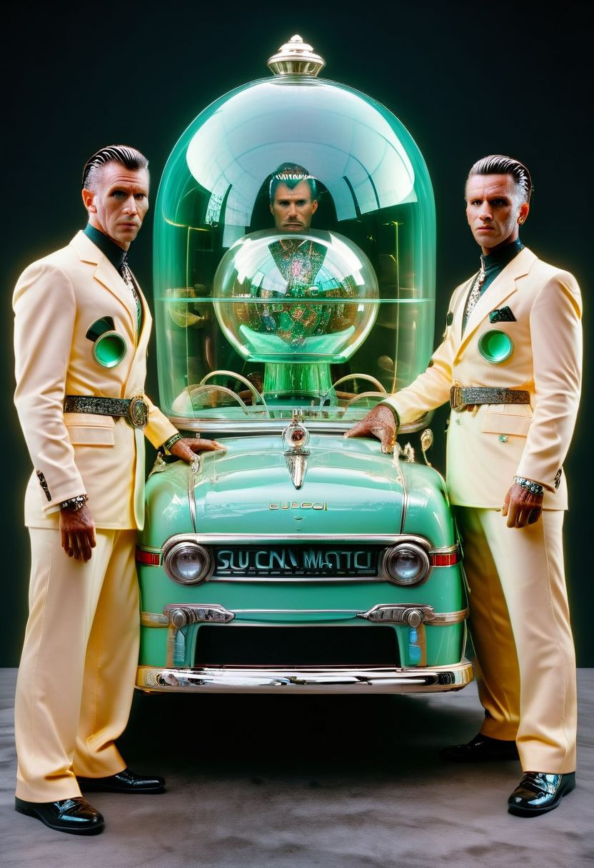 An incredible award winning experimental cinematic still, Three brave men with bell jars for gigantic heads, they have huge freakish eyes, wearing delightful stylish jumpsuits by Gucci, posing in front of a stylish futuristic lowrider hoover car with etched uranium glass windows, 1970s science fiction, dramatic cinematic moody lighting, full soft offset printing, psychedelic trip, cursed image, masterpiece, museum quality, Robert Rauschenberg rococo Style, RococoPunkAI