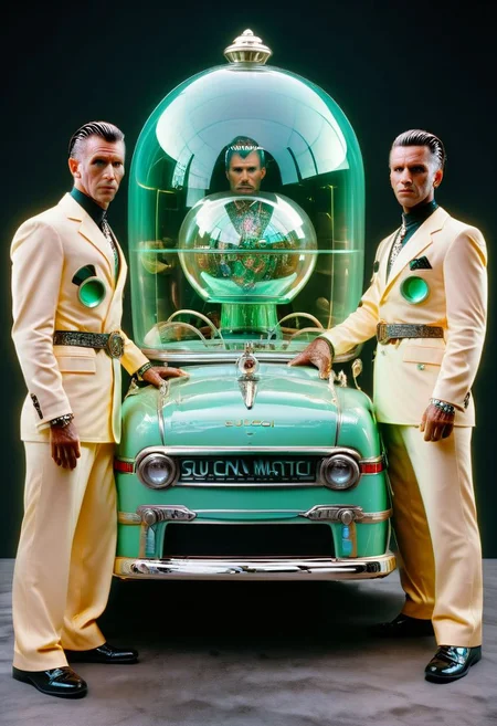 An incredible award winning experimental cinematic still, Three brave men with bell jars for gigantic heads, they have huge freakish eyes, wearing delightful stylish jumpsuits by Gucci, posing in front of a stylish futuristic lowrider hoover car with etched uranium glass windows, 1970s science fiction, dramatic cinematic moody lighting, full soft offset printing, psychedelic trip, cursed image, masterpiece, museum quality, Robert Rauschenberg rococo Style, RococoPunkAI