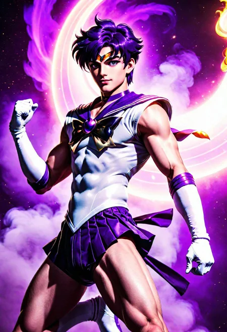 League of Legends, 1male, male focus, riot style, digital art, concept art, realistic, fantasy, 4k, best quality, masterpiece, extremely detailed, very detailed face, very detailed eyes, dynamic angle, seen from the side, close up, dynamic pose, full body, dancing pose, rising hand, 3D, sci fi poster of a lean male, MAN, MALE,  gorgeous, stunning, young man, purple hair, medium hair, emo hair, round face, huge plumped lips, big lips, blushed, videogame eyes, shaved beard, man only, short, mysterious, smirking, wearing a sailor saturn dress, sailor senshi uniform, with a glaive, flying in space, surrounded by smoke, (cinematic light, volumetric), Cinematic Shot, splash art