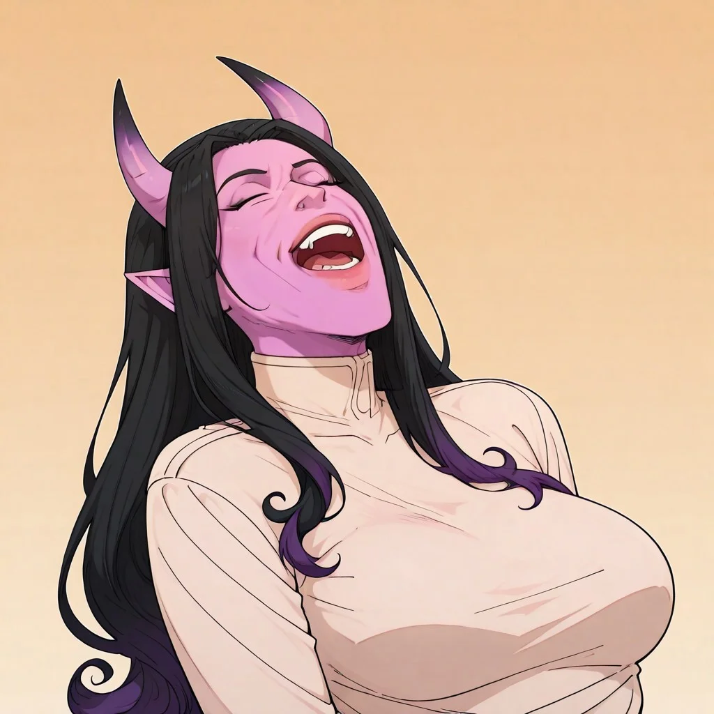 safe_pos, masterpiece, best quality, newest, absurdres, highres, anime, anime style, JJJlaughV1.1 laugh, head leaning back, open mouth, closed eyes, head leaned back, leaned back, 1girl, purple skin, purple colored skin, black hair, long hair, curly hair, horns, demon horns, demon girl, dress, long hair, mature woman, seductive, seductive smile,