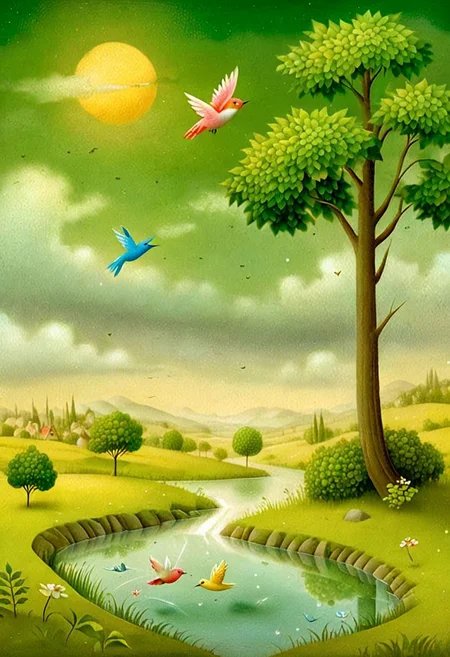 Kim Soo-ja, art on a cracked paper,
Double exposure detailed, mail art, Golden ratio, Art Deco, by Nicoletta Ceccoli,
Andy Kehoe, by Paul Czanne, Kandinsky, Juan Gris patchwork, Sunset bathes cascade in warm light, clouds above idyllic village blending in soft pastel hues, gentle stream winds into serene pond, birds in flight form dark silhouettes against vibrant sky, foliage in vivid greens embraces scene, water's surface mirrors ambience, digital painting employing golden ratio, dramatic lighting, ultra-realistic, highly detailed, unusual beautiful details, sunset, intricated lighting, luminism, light on the faces, sharp glowing eyes, intricated pose, dynamic poster, intricated, tiny details masterpiece, high quality, Nicoletta Ceccoli, Surrealist Fairy Tale Illustration