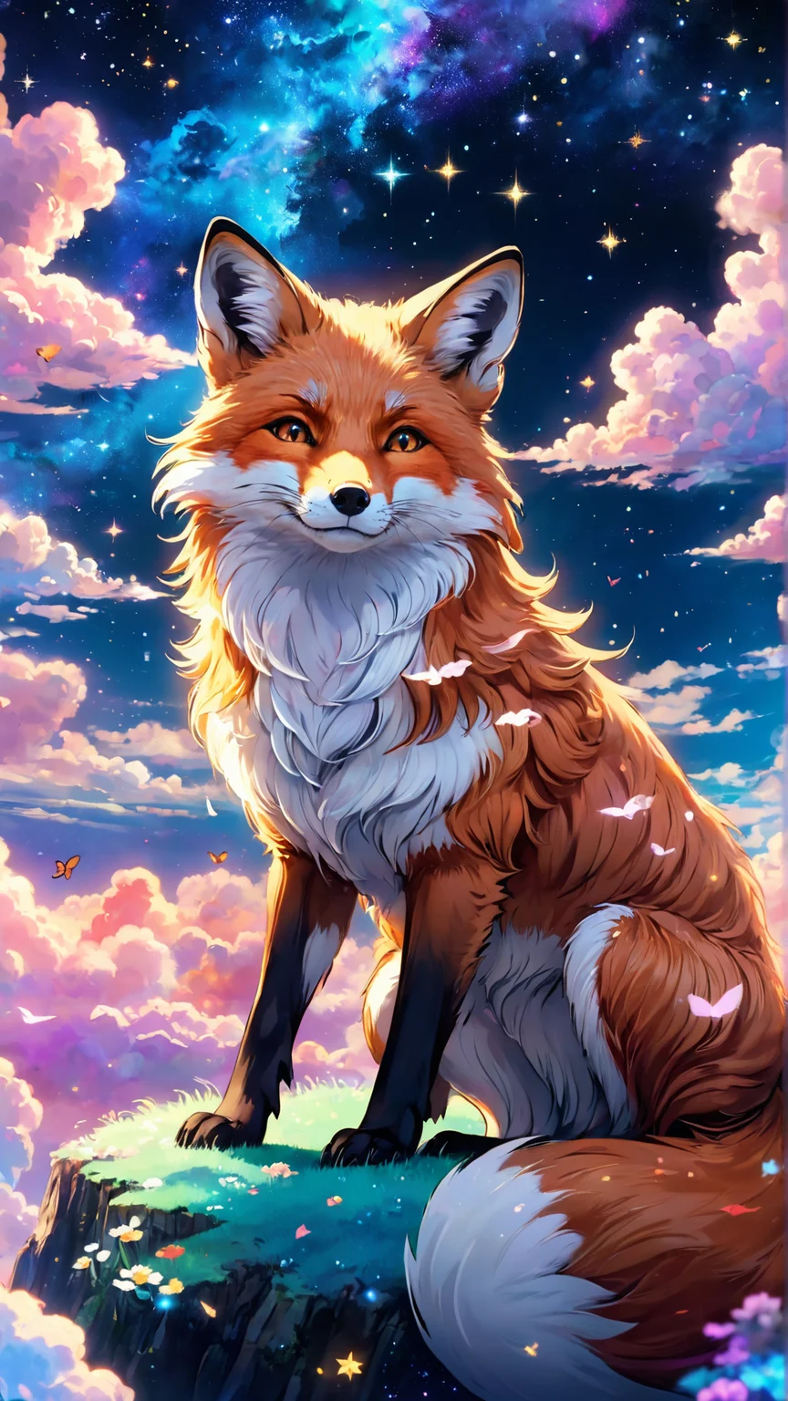 2D anime screencap, mystical fox surrounded by clouds, intricate details, vibrant colors, ethereal lighting, glowing accents, soft natural lighting, ethereal glow, detailed background, dreamy atmosphere, realistic shadows, fine details in fur and clouds, ultra-quality, magical elements, serene expression, closed eyes, enchanting setting, starry sky, floating stars, whimsical composition, calming ambiance, delicate line work