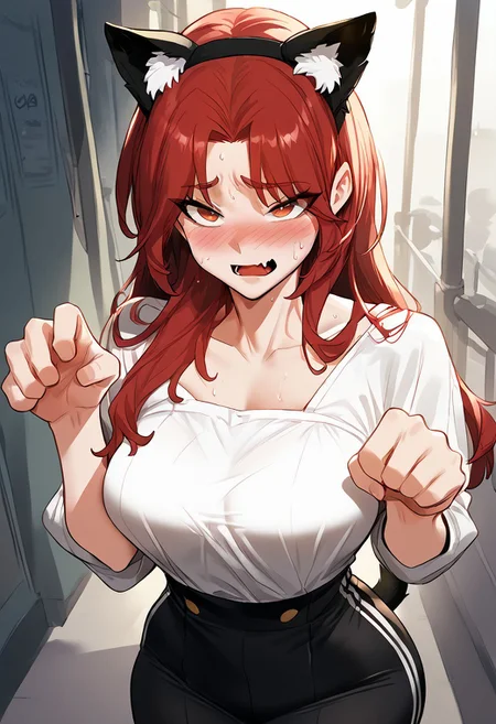 zPDXL3, score_9_up, score_8_up, score_7_up, (Anime_source), 1girl, SoYoomin, big tits, red eyes, red hair, long hair, cowboy shot, looking at viewer, NFSW, fake cat ear, fake cat tail, paw pose, sweating, blush, aroused, fang nervous