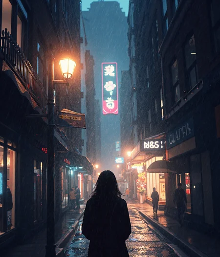 A solitary figure stands beneath a flickering streetlamp, rain pouring down in shimmering streaks against the neon-lit backdrop of a quiet city alley. Their fingers, trembling slightly, clutch an old polaroid photograph—its once-vivid colors now faded, the inked note on the back smudged from the raindrops that have fallen upon it.

The world around them moves on, indifferent. Lovers pass under the shelter of umbrellas, sharing whispered words and laughter, while a jazz tune drifts from a distant open doorway. A nearby café window reveals a reflection of what once was—a mirage of two silhouettes sharing a quiet moment, now nothing more than a memory etched into the glass.

The photograph slips from their grasp, landing in a puddle where the ink dissolves into nothingness. A single breath escapes their lips, a name unspoken yet ever-present, as they turn away, fading into the night like the echoes of a love long gone.


