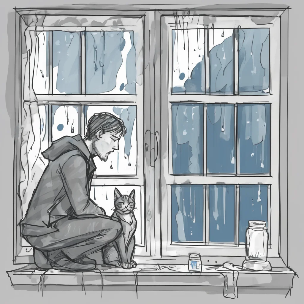 sketch, Man and cat crying at the window. Gray rain drips directly onto the glass. An ambulance is on its way to a man with a cat. The poor man has a sick brain. Man and cat have difficulty counting the days Instead of a blue sky - a gray ceiling. Man and cat fly at night. Only the dream is not prophetic - it does not give wings
<lora:sketch_style:1>