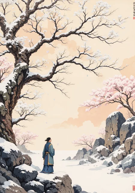 A tranquil winter garden scene in the meticulous gongbi style, depicting a lone scholar contemplating snowflakes falling on plum blossoms. The composition features delicate white plum flowers blooming on gnarled branches against a backdrop of elegant garden rocks dusted with snow. Rendered with fine mineral pigments on silk, the artwork employs precise brushwork to capture the scholar's contemplative expression and the intricate details of his traditional robes. The scene embodies the Confucian virtue of perseverance through hardship, with the plum blossoms symbolizing resilience and purity. Subtle ink wash techniques create atmospheric depth, with negative space suggesting falling snow. The color palette consists of muted whites, pale pinks, deep browns, and subtle indigo accents. A small red seal mark in the corner bears classical calligraphy, enhancing the scholarly atmosphere of this refined Song dynasty-inspired masterpiece. <lora:ck-shadow-circuit-000021:0.5> <lora:RM_Animefy_v1.0M:0.5> <lora:FluxDFaeTasticDetails:0.5> <lora:flux_semifluid_pigments:0.6> <lora:MushyFunk:0.5> <lora:flux_dev:1>