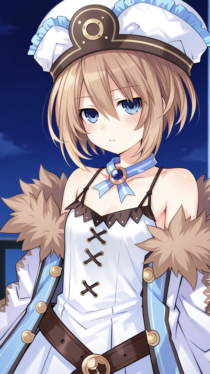 masterpiece, best quality, amazing quality, very aesthetic, absurdres, newest, anime screencap, <lora:blancILM:1>, blanc (neptunia), blue eyes, blush, flat chest, brown hair, short hair, tsunako, bare shoulders, belt, fur trim, fur-trimmed coat, brooch, cross-laced clothes, frills, frilled hat, open clothes, open jacket, jacket, jewelry, loose belt, neck ribbon, off shoulder, coat, white dress,
