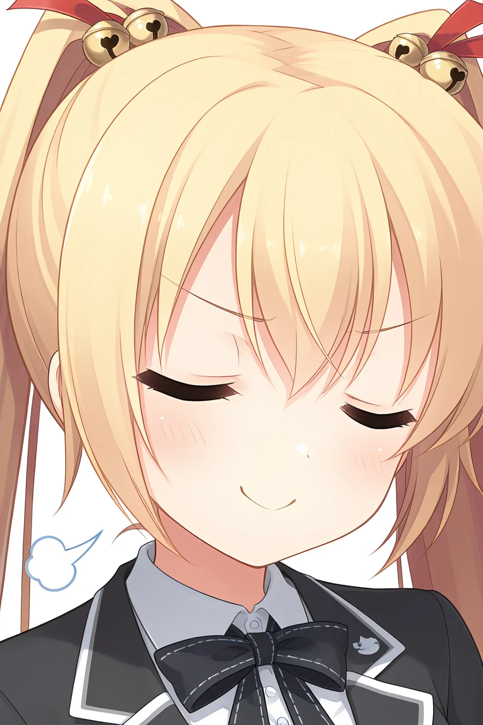 masterpiece, best quality, absurdres, official art, official style, rating general BREAK <lora:asasakameguri_IL_v1-4:0.7>, asasaka meguri, 1girl, solo, blue eyes, blonde hair, twintails, hair between eyes, very long hair, hair ribbon, red ribbon, hair bell, jingle bell, cat hair ornament, small breasts, looking at viewer, school uniform, long sleeves, black jacket, white shirt, black bowtie, black necktie, short necktie, blazer, buttons, emblem, collared shirt, striped sleeves, upper body, portrait, close-up,
blush, =3, >:, closed eyes, closed mouth, doyagao, facing viewer, front view, sigh, smug