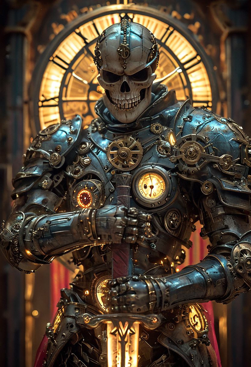 man  stands,steampunk, laughing with mouth wide open, clock engine,king,holding a  sword,half skull mask,colorfull,glowing ,mechanical wonders and the romance of steam-powered machinery,concept art,character,vibrant colors and depth, showcasing gears, cogs, and clockwork that seem to be in motion