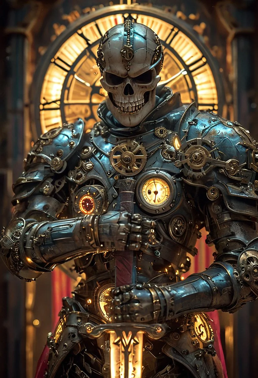 man stands,steampunk, laughing with mouth wide open, clock engine,king,holding a sword,half skull mask,colorfull,glowing ,mechanical wonders and the romance of steam-powered machinery,concept art,character,vibrant colors and depth, showcasing gears, cogs, and clockwork that seem to be in motion