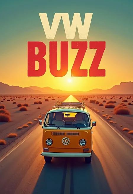 Text over picture: "VW BUZZ". Capture a vibrant, retro-inspired photograph of a classic yellow Volkswagen van driving down a long, empty desert road at sunset.