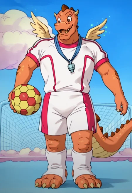 Score_9, score_9_up, solo, 1boy, furry, dragon, orange scales, tail, wings, brown spikes, fangs, small horns, white soccer shirt, white shorts, whistle, feet cuffs, big feet, standing, football field