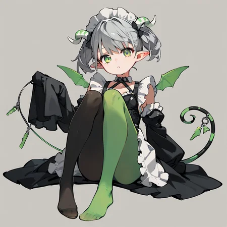 score_9, score_8_up, score_7_up, score_6_up, score_5_up, score_4_up, simple background, 
1girl, solo, arianna, grey hair, short twintails, green eyes, horns, mini wings, sleeves past wrists, maid headdress, pointy ears, no shoes, pantyhose,
 <lora:arianna_pony_v1:0.7>