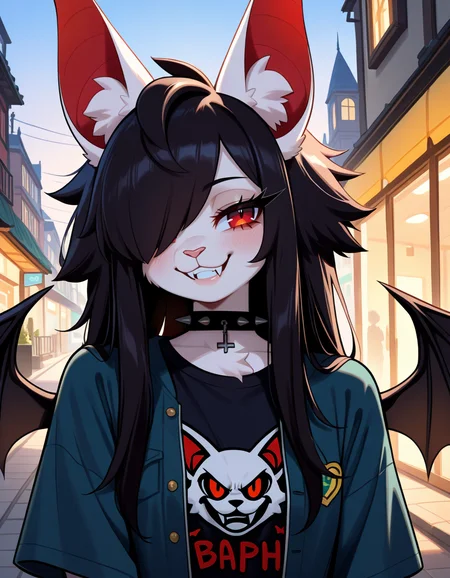 masterpiece, best quality, very aesthetic, absurdres,
outdoors, casual, t-shirt, open jacket,
upper body, posing, face focus,
seductive smile, parted lips, long eyelashes,
<lora:Asphodel_v01_NAIXL:1>
A5ph0d3l,1girl,solo,furry,furry female,bat girl,black hair,bat ears,animal ear fluff,long hair,hair over one eye,red eyes,fangs,spiked collar,body fur,white fur,bat wings,