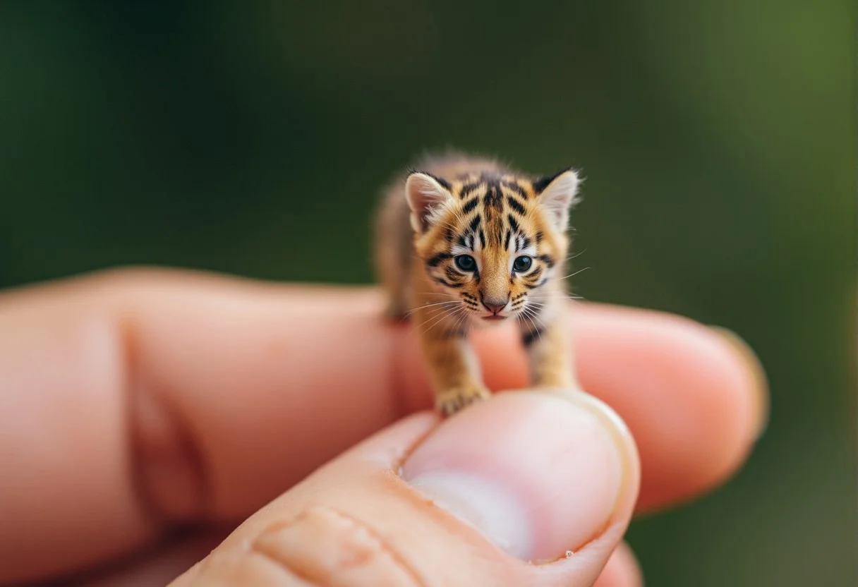 National Geographic-style macro photograph of a tiny tiger cub standing on a human fingertip. The tiger has natural orange and black stripes, with soft, realistic lighting that avoids any overly bright or artificial look. The skin texture of the fingertip is detailed and authentic, with a softly blurred background that enhances the focus on the tiny tiger. The overall image should convey a sense of wonder and realism, capturing the delicate and natural beauty of the scene.