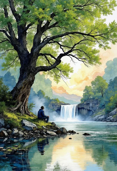 a serene and tranquil digital artwork depicting a man sitting under a large tree near a peaceful pond. A gentle waterfall cascades into the pond, creating soft ripples on the water’s surface. The scene blends watercolor and ink styles, with lush greenery surrounding the tree and vibrant reflections on the pond. The man appears contemplative, shaded by the tree's expansive branches, and the environment radiates harmony and calmness. Incorporate dynamic strokes and soft gradients to evoke a mixed media feel, emphasizing nature's beauty and the reflective mood of the moment.