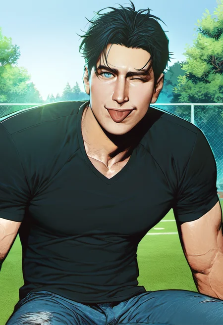score_9, score_8_up, score_7_up, score_6_up, 1male, solo, noah_hyungry, young man, shirt, jeans, black hair, winking, smile, daylight, blue eyes, tongue out, realistic, blake alexander