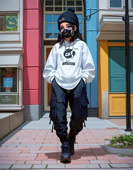 zPDXL2, <lora:TechwearV2:1>, t3chwear,
1girl, cute face, detailed eyes, long black hair, blue eyes, black face mask, black beanie, walking on a sidewalk, headphones, hands in pockets, full body