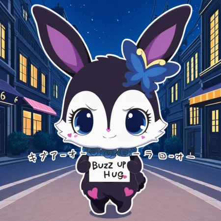 score_9, score_8_up, score_7_up, score_6_up, score_5_up,
best quality, masterpiece, smirks, Full Body, Romantic, Small Body, Furry, looking_pleasured, luea, feral, solo, blue eyes, rabbit, furry, rabbit ears, black fur, purple inner ear, white chest fur, white face, chibi, body fur, (blue butterfly hair ornament), (blue rose necklace), city, downtown walking, holding a sign, ((text on sign "buzz for hug"))